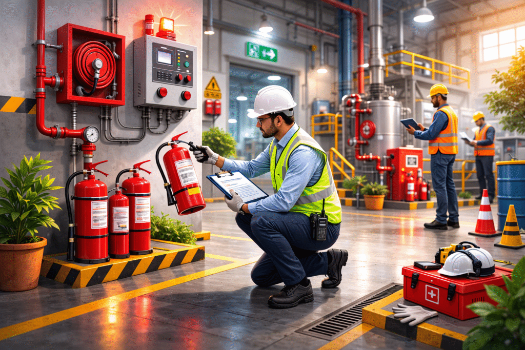 Fire safety equipment inspection during professional fire audit